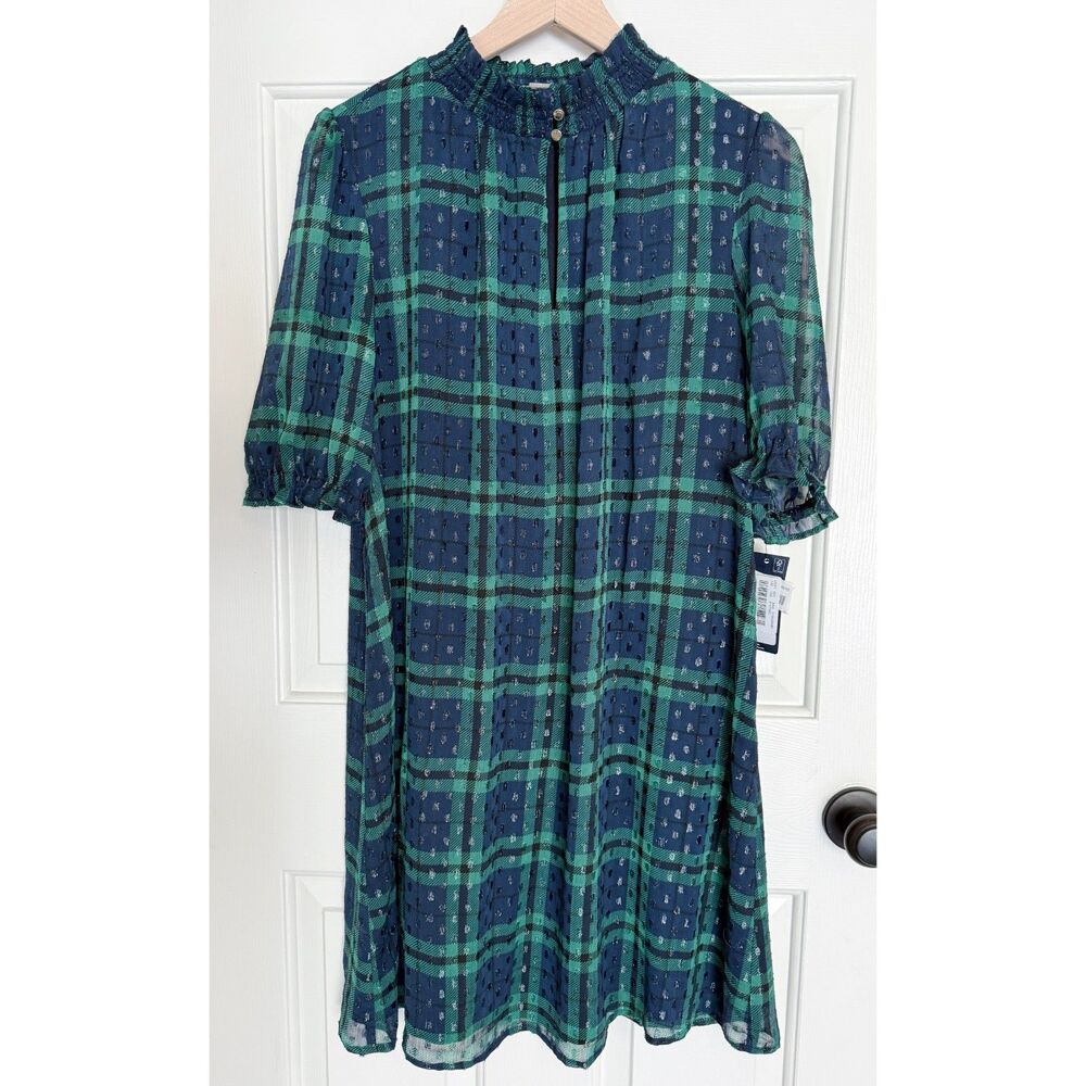 NWT‎ Tommy Hilfiger Navy Evergreen Plaid Shimmer Shift Dress Holiday Preppy 10